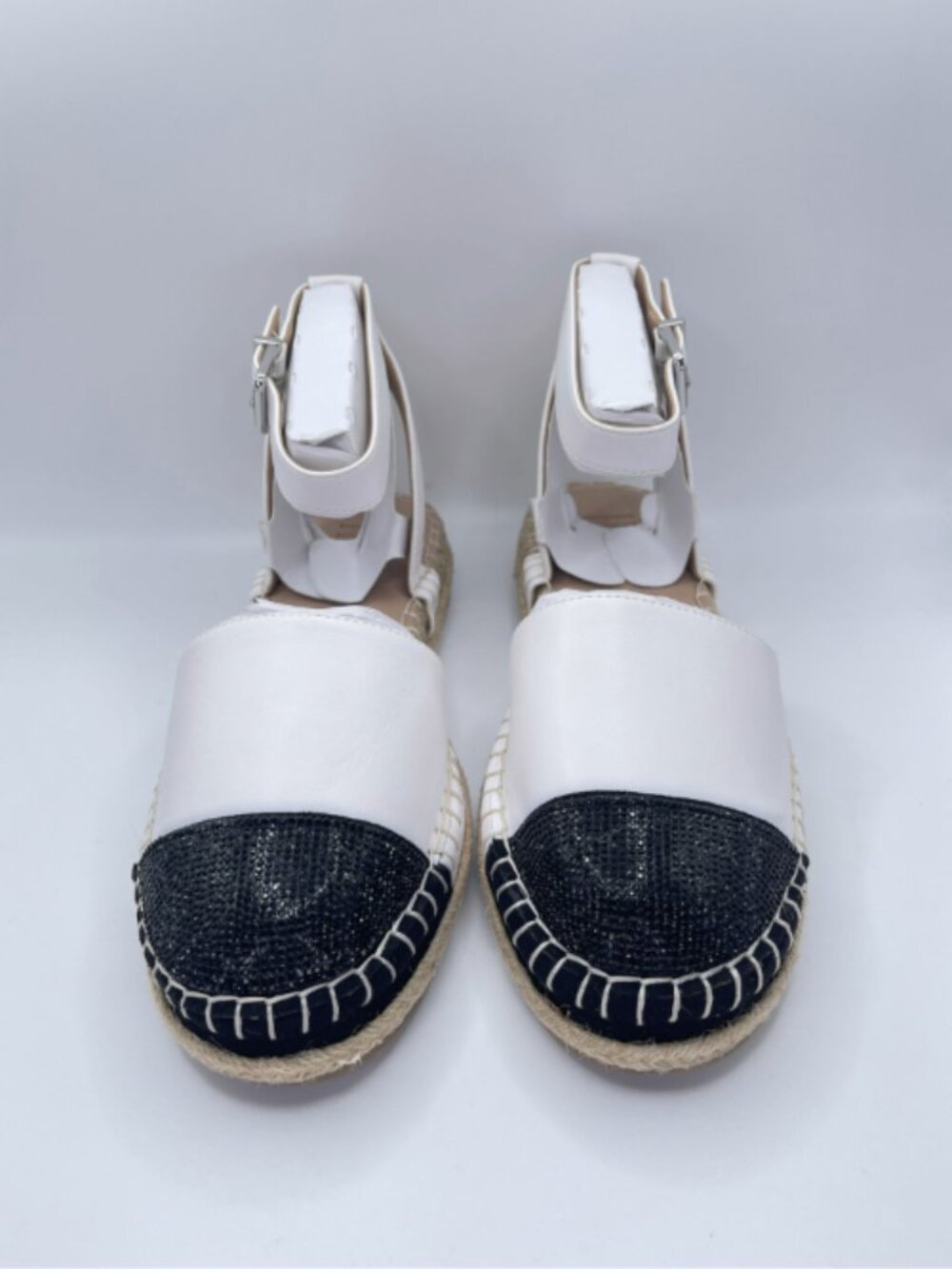 Cute White Espadrille Sandals with Black Sequin Toe Accent Size 9